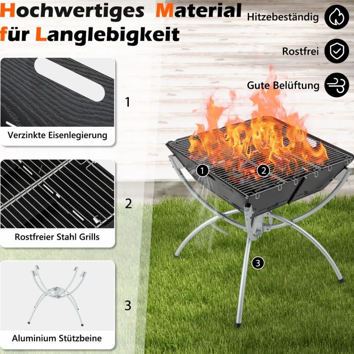 45 x 45 x 49 cm 3 in 1 Feuerstelle mit Edelstahlgrillrosten & Tragetasche & Handschuhen Campinggrill