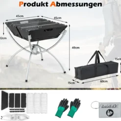 45 x 45 x 49 cm 3 in 1 Feuerstelle mit Edelstahlgrillrosten & Tragetasche & Handschuhen Campinggrill