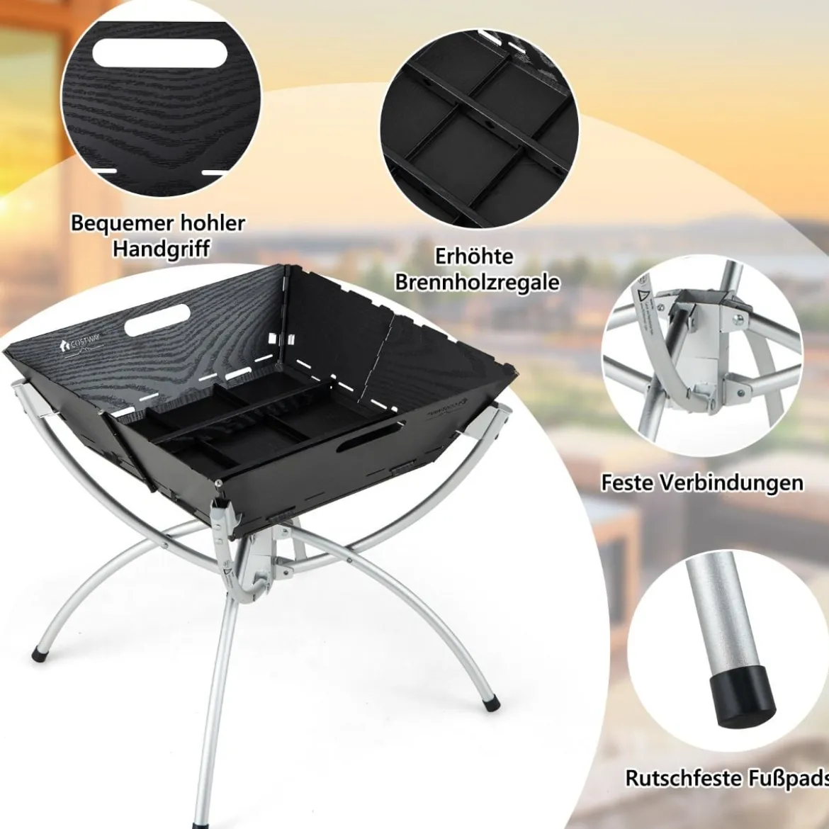 45 x 45 x 49 cm 3 in 1 Feuerstelle mit Edelstahlgrillrosten & Tragetasche & Handschuhen Campinggrill