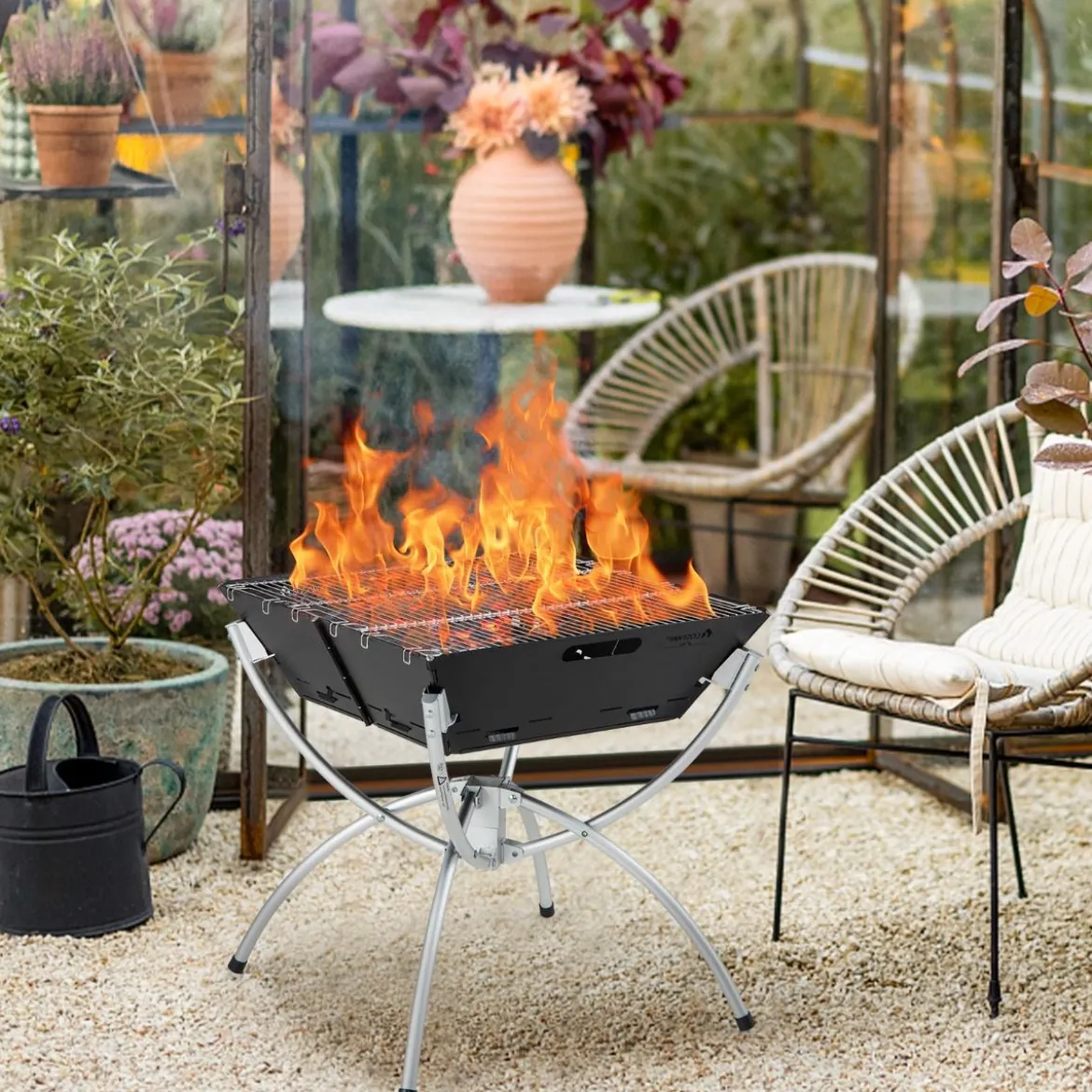 45 x 45 x 49 cm 3 in 1 Feuerstelle mit Edelstahlgrillrosten & Tragetasche & Handschuhen Campinggrill