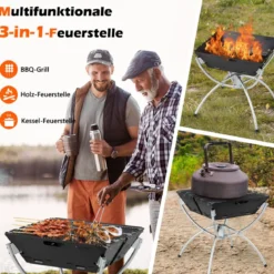 45 x 45 x 49 cm 3 in 1 Feuerstelle mit Edelstahlgrillrosten & Tragetasche & Handschuhen Campinggrill
