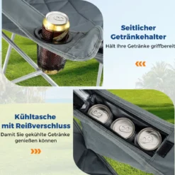 XXL Faltbarer Campingstuhl mit Kühltasche & Getränkehalter 227KG Belastbar Gepolsterter Angelstuhl Grau