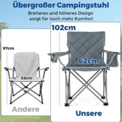 XXL Faltbarer Campingstuhl mit Kühltasche & Getränkehalter 227KG Belastbar Gepolsterter Angelstuhl Grau