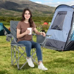 XXL Faltbarer Campingstuhl mit Kühltasche & Getränkehalter 227KG Belastbar Gepolsterter Angelstuhl Grau