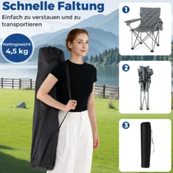 XXL Faltbarer Campingstuhl mit Kühltasche & Getränkehalter 227KG Belastbar Gepolsterter Angelstuhl Grau
