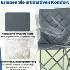 XXL Faltbarer Campingstuhl mit Kühltasche & Getränkehalter 227KG Belastbar Gepolsterter Angelstuhl Grau
