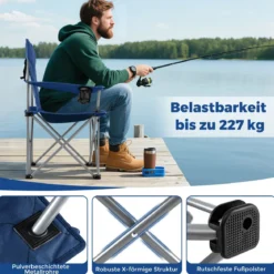 XXL Faltbarer Campingstuhl mit Kühltasche & Getränkehalter 227KG Belastbar Gepolsterter Angelstuhl Navy