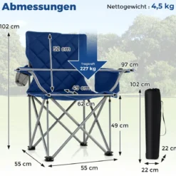 XXL Faltbarer Campingstuhl mit Kühltasche & Getränkehalter 227KG Belastbar Gepolsterter Angelstuhl Navy