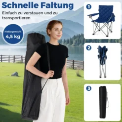XXL Faltbarer Campingstuhl mit Kühltasche & Getränkehalter 227KG Belastbar Gepolsterter Angelstuhl Navy