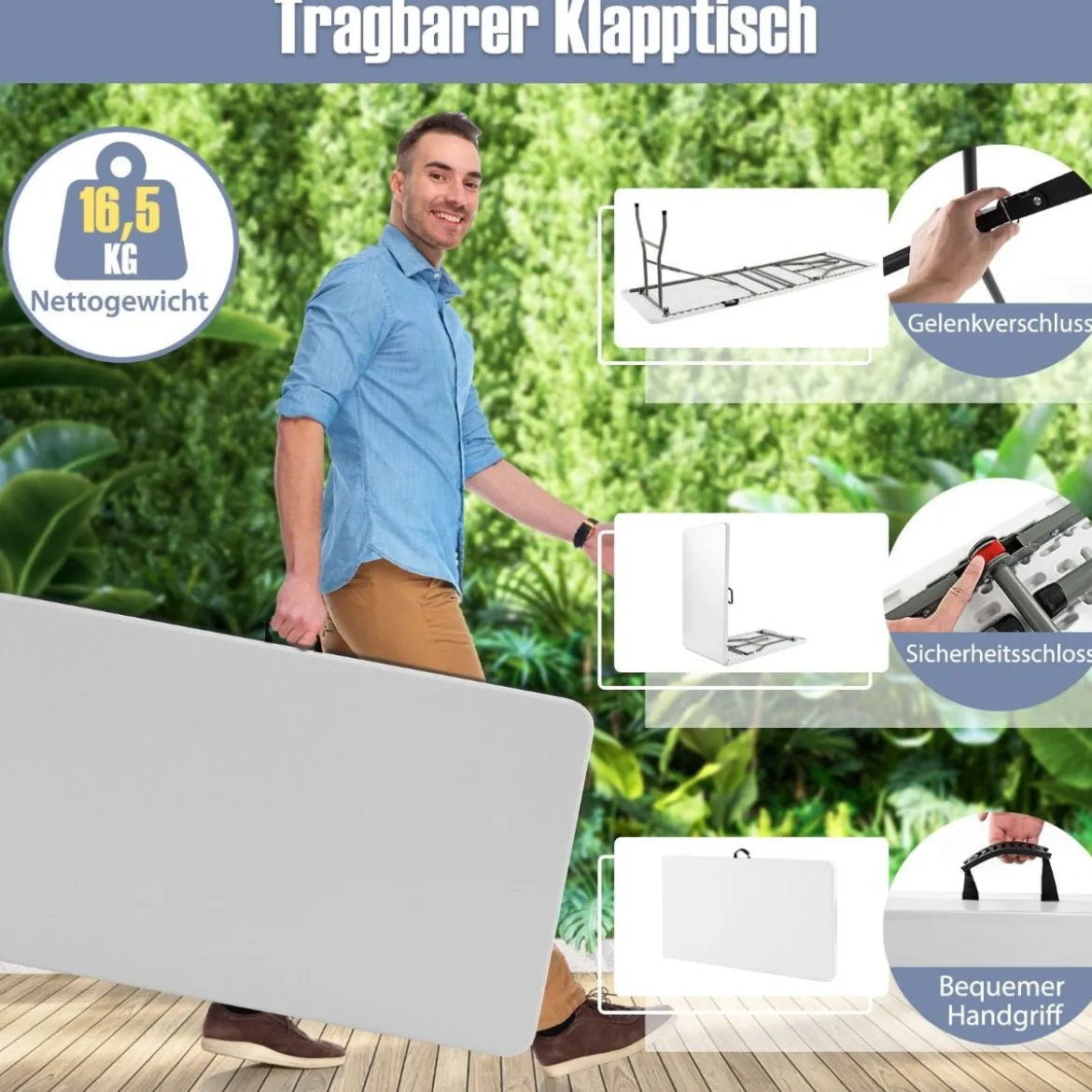 XXL Gartentisch mit HDPE-Tischplatte & Tragegriff Klappbarer Campingtisch Partytisch Weiß