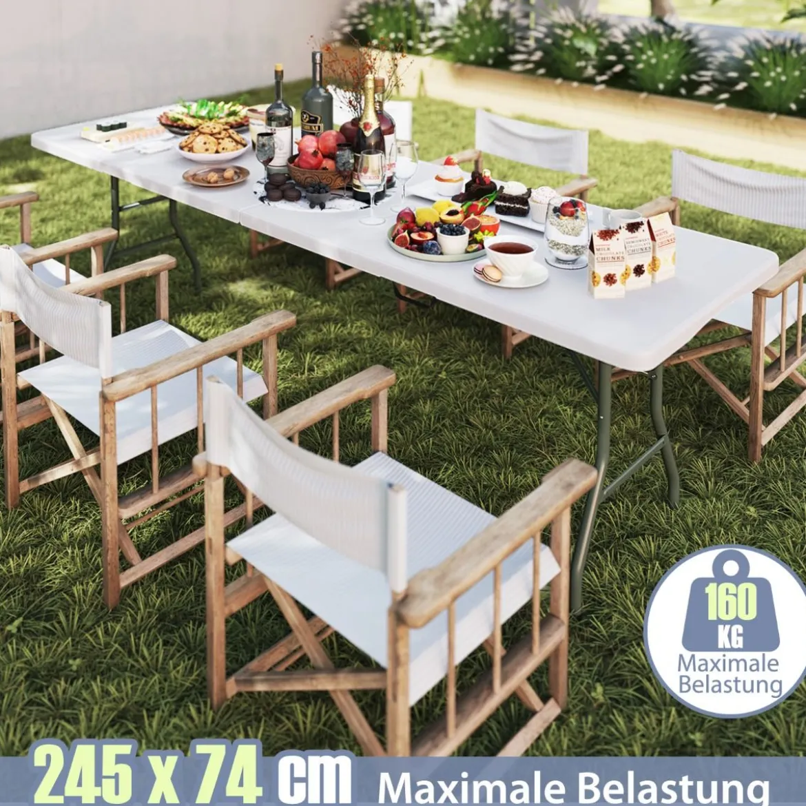 XXL Gartentisch mit HDPE-Tischplatte & Tragegriff Klappbarer Campingtisch Partytisch Weiß