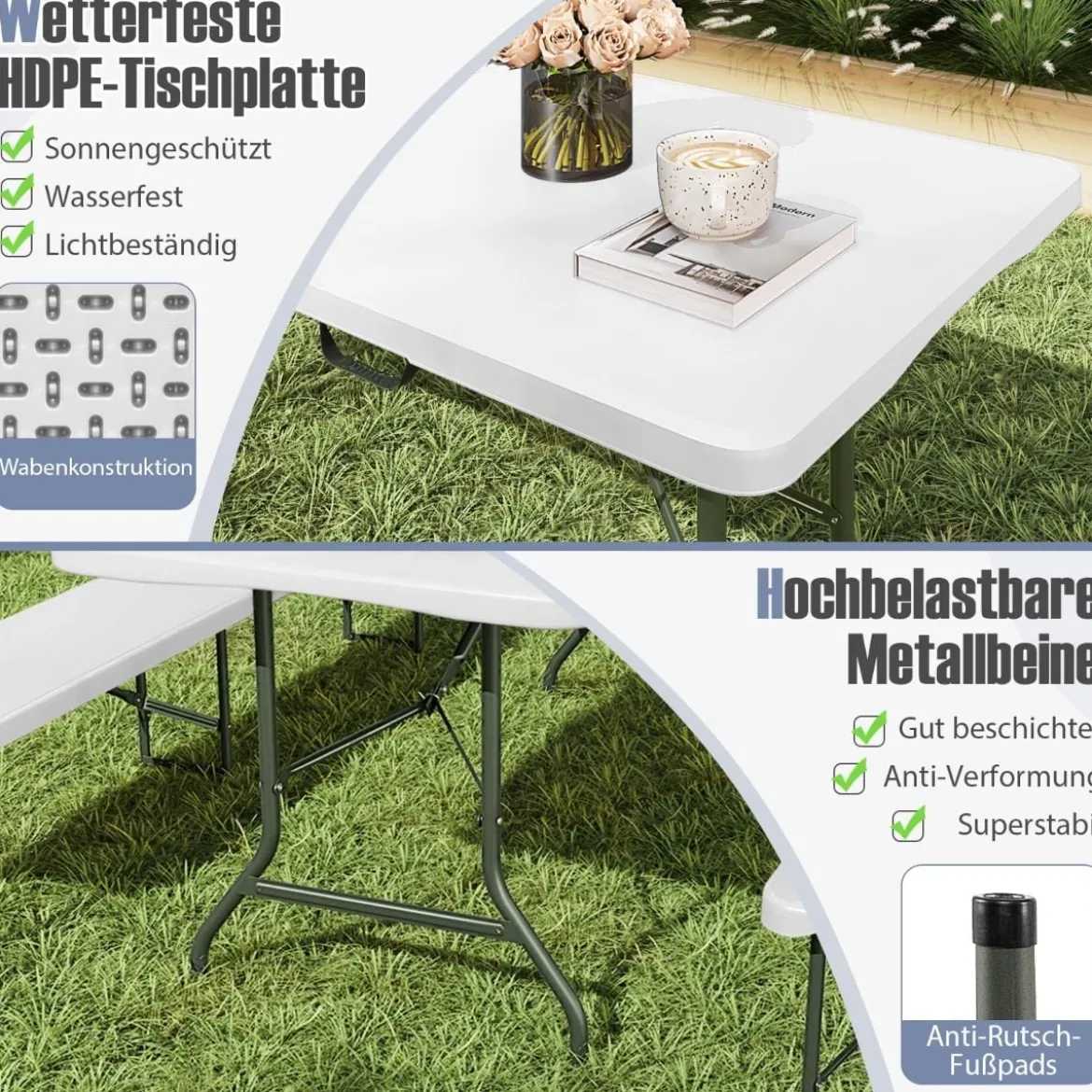 XXL Gartentisch mit HDPE-Tischplatte & Tragegriff Klappbarer Campingtisch Partytisch Weiß