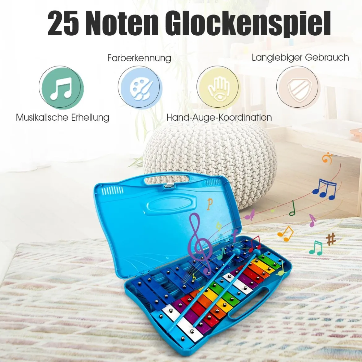 Xylophon mit 25 Tasten für Kinder Präzise Gestimmtes Tasteninstrument 38,5 x 23 x 5 cm Blau