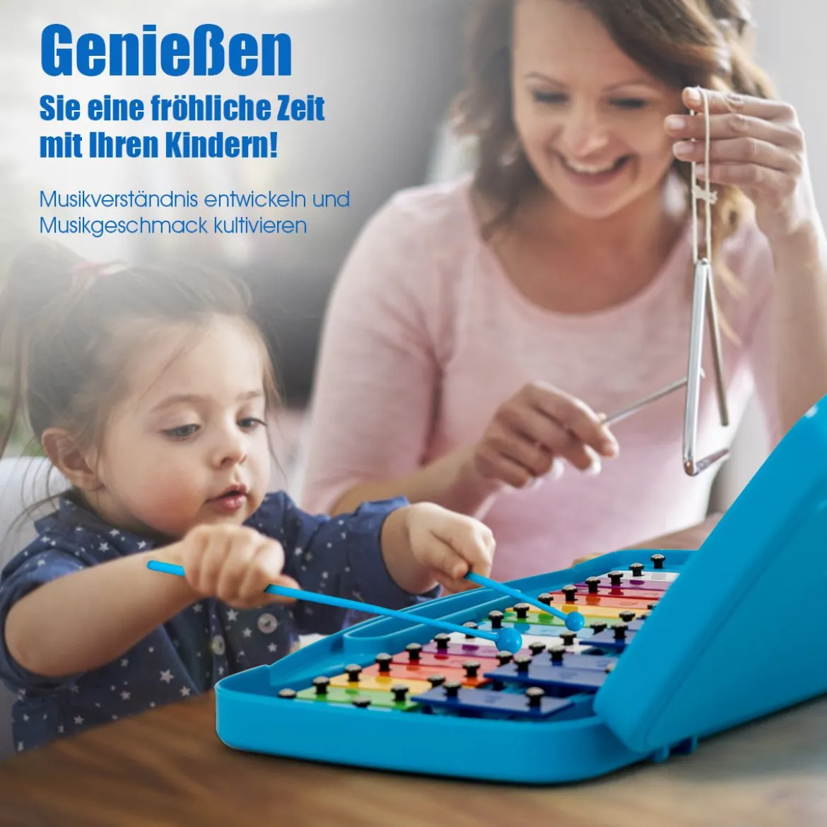 Xylophon mit 25 Tasten für Kinder Präzise Gestimmtes Tasteninstrument 38,5 x 23 x 5 cm Blau