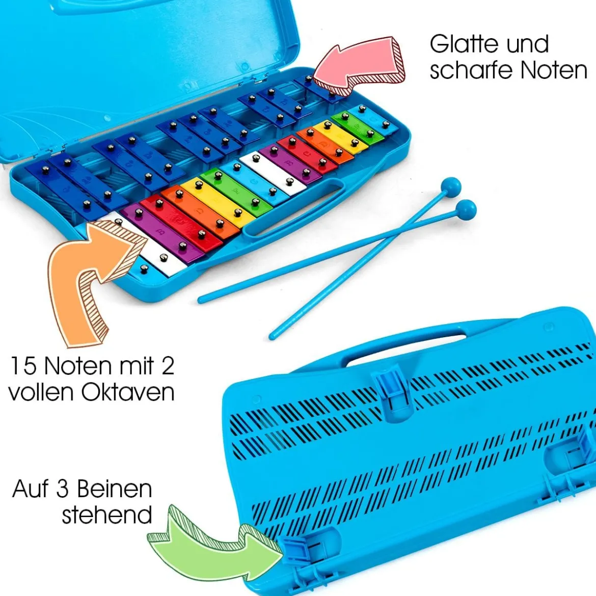 Xylophon mit 25 Tasten für Kinder Präzise Gestimmtes Tasteninstrument 38,5 x 23 x 5 cm Blau