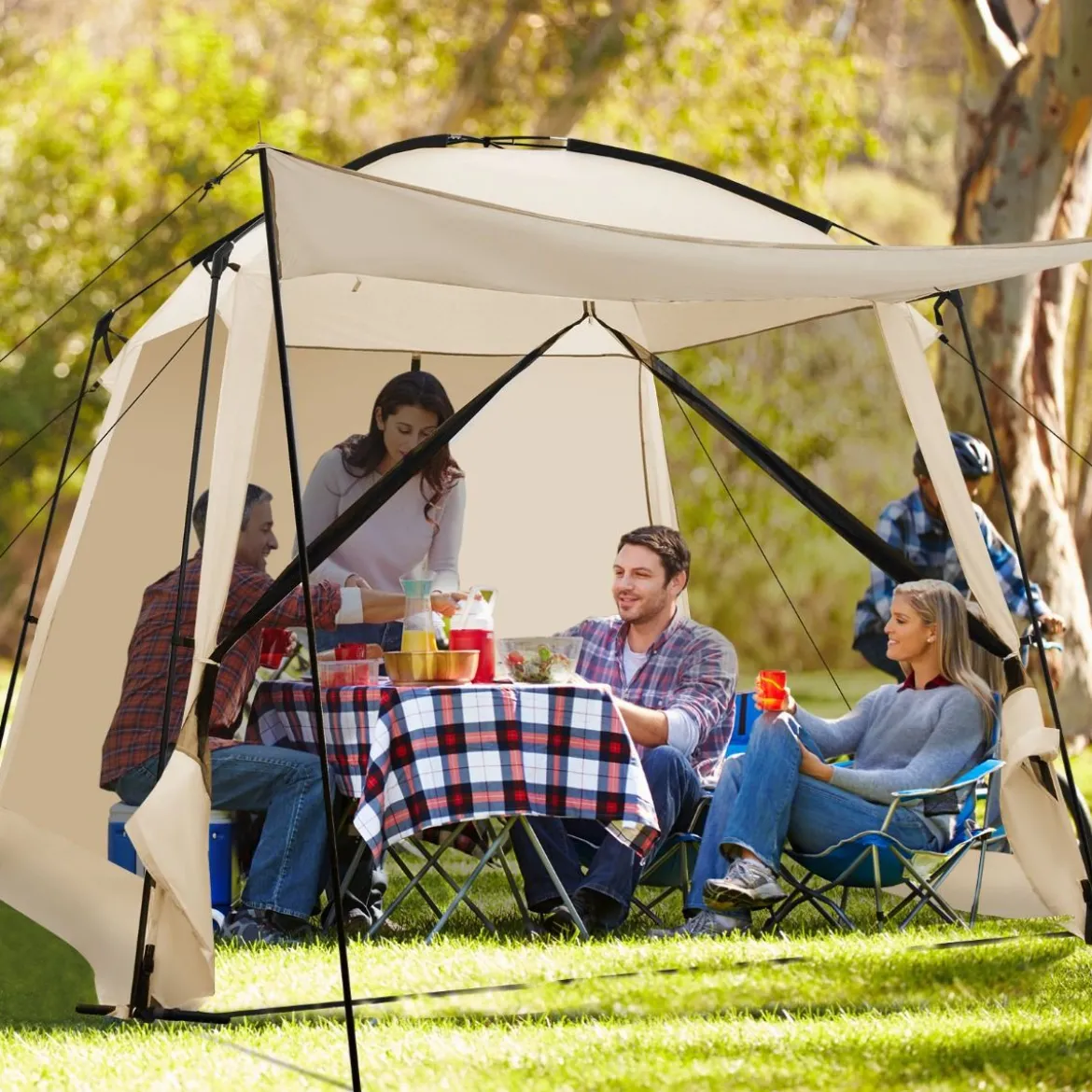 Zelt für 6-8 Personen Campingzelt mit Vorzelt wasserdicht 300 x 300 x 250 cm Beige