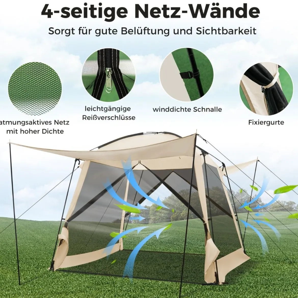Zelt für 6-8 Personen Campingzelt mit Vorzelt wasserdicht 300 x 300 x 250 cm Beige