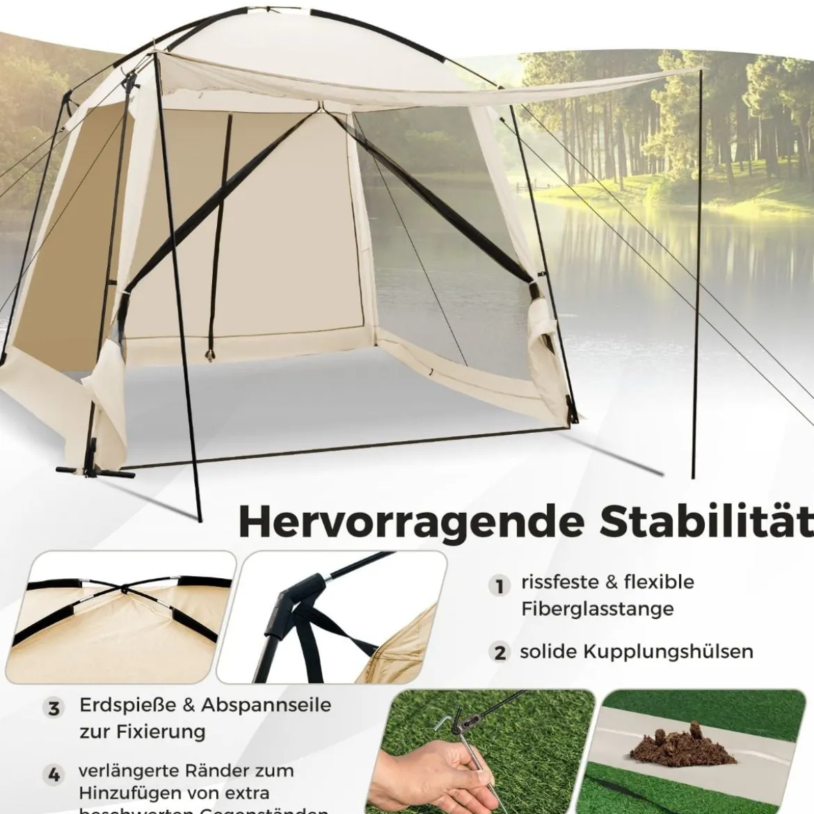Zelt für 6-8 Personen Campingzelt mit Vorzelt wasserdicht 300 x 300 x 250 cm Beige