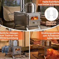Zeltofen Tragbar Holzofen mit 7 Rauchrohren und Funkenfänger Campingofen aus Edelstahl