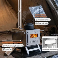 Zeltofen Tragbar Holzofen mit 7 Rauchrohren und Funkenfänger Campingofen aus Edelstahl
