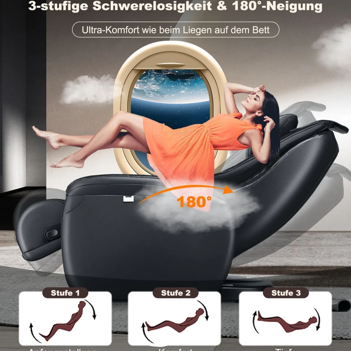 Zero Gravity SL Spur Massagestuhl Liegestuhl mit Ganzkörpermassage Rückenheizung Schwarz