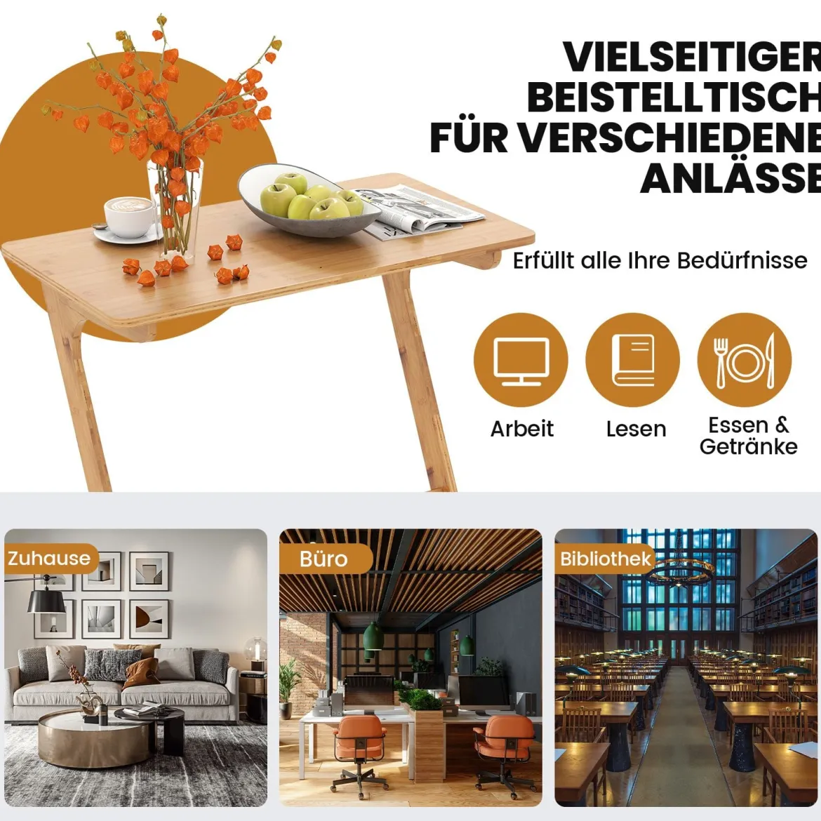 Z-förmiger Beistelltisch Sofatisch aus Bambus Platzsparender Kaffeetisch Nachttisch Couchtisch Natur