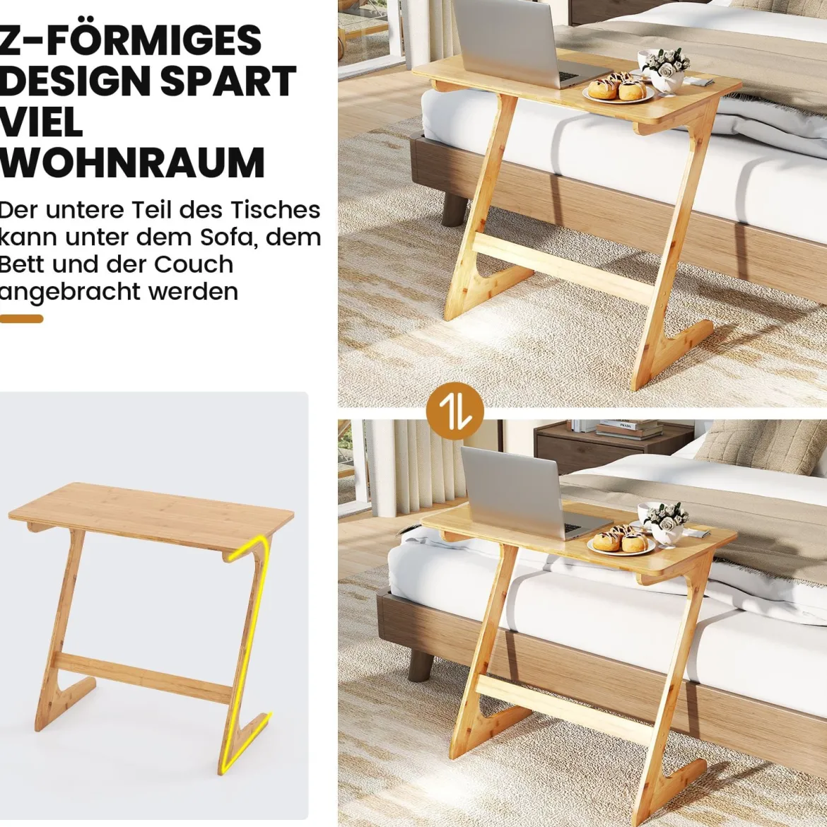 Z-förmiger Beistelltisch Sofatisch aus Bambus Platzsparender Kaffeetisch Nachttisch Couchtisch Natur