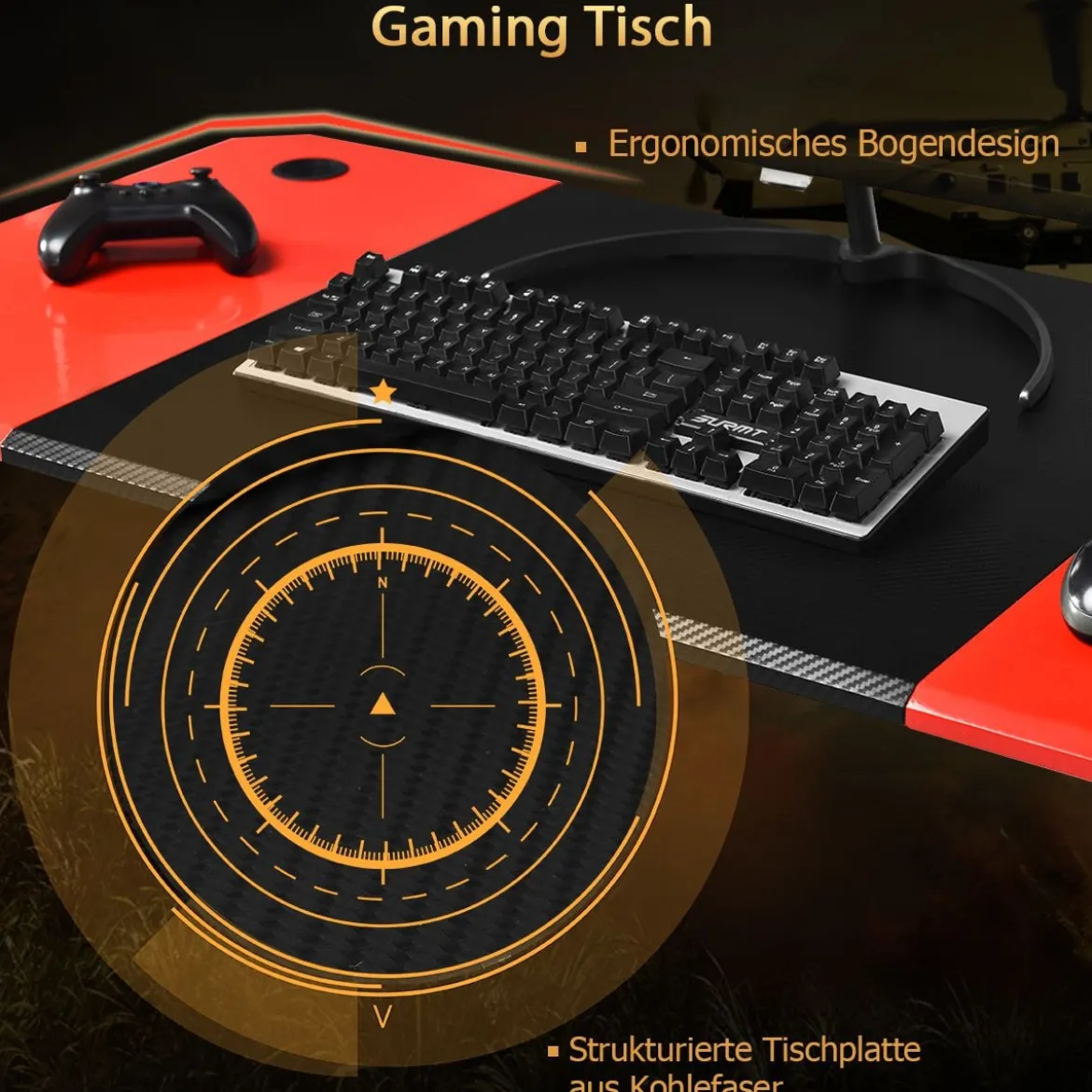 Z-förmiger Gaming Tisch Computertisch PC Tisch mit Becherhalter Kopfhörerhaken & Boxenständer Schreibtisch schwarz/rot