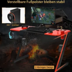 Z-förmiger Gaming Tisch Computertisch PC Tisch mit Becherhalter Kopfhörerhaken & Boxenständer Schreibtisch schwarz/rot
