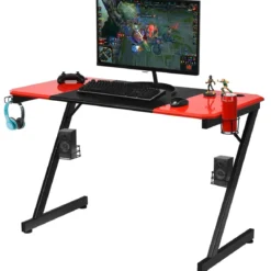 Z-förmiger Gaming Tisch Computertisch PC Tisch mit Becherhalter Kopfhörerhaken & Boxenständer Schreibtisch schwarz/rot