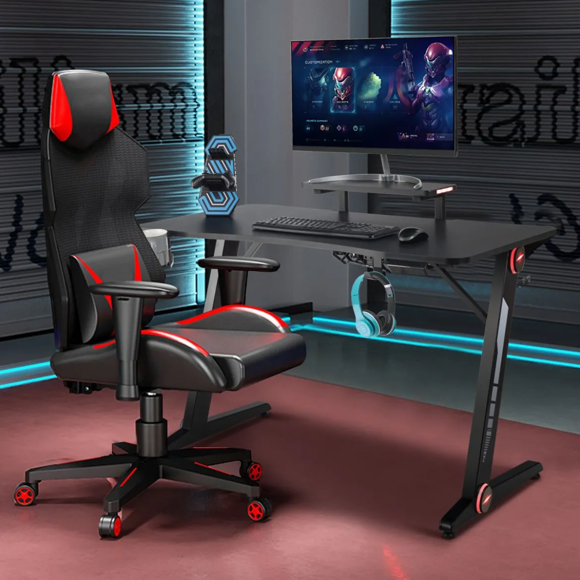 Z-förmig Gaming Tisch Computertisch PC Tisch Schreibtisch mit Licht