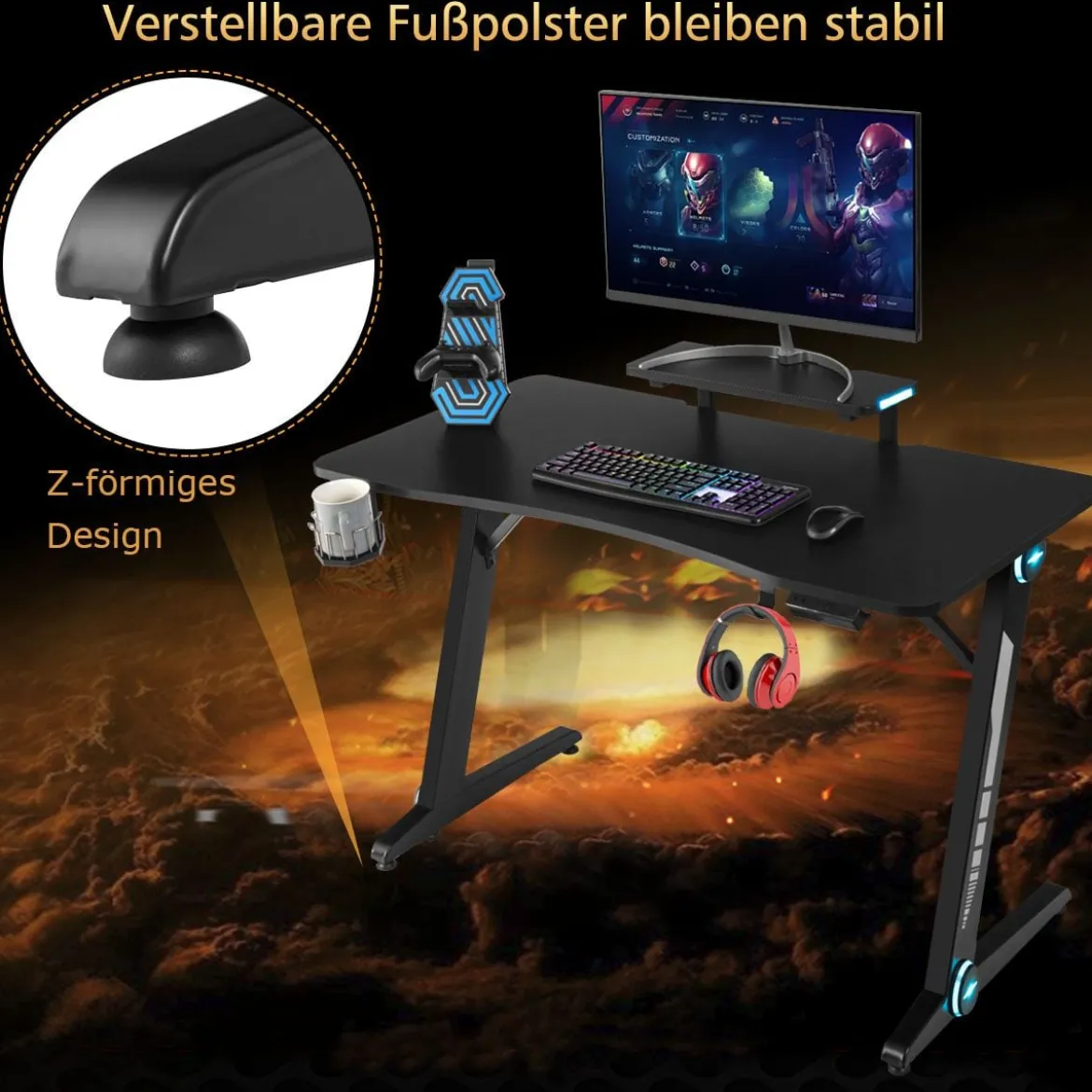 Z-förmig Gaming Tisch Computertisch PC Tisch Schreibtisch mit Licht