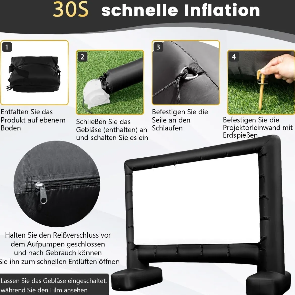 116 Zoll Aufblasbare Beamer Leinwand mit Gebläse & Erdspieße 16:9 4K HD Doppelseitige Projektionsleinwand