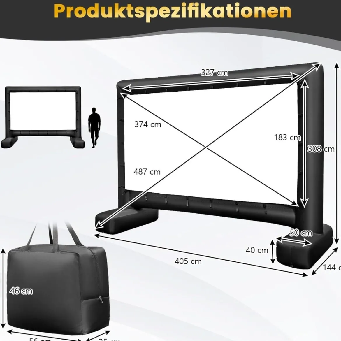 147 Zoll Aufblasbare Beamer Leinwand mit Gebläse & Erdspieße 16:9 4K HD Doppelseitige Projektionsleinwand