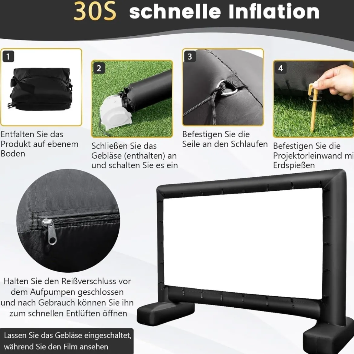 147 Zoll Aufblasbare Beamer Leinwand mit Gebläse & Erdspieße 16:9 4K HD Doppelseitige Projektionsleinwand