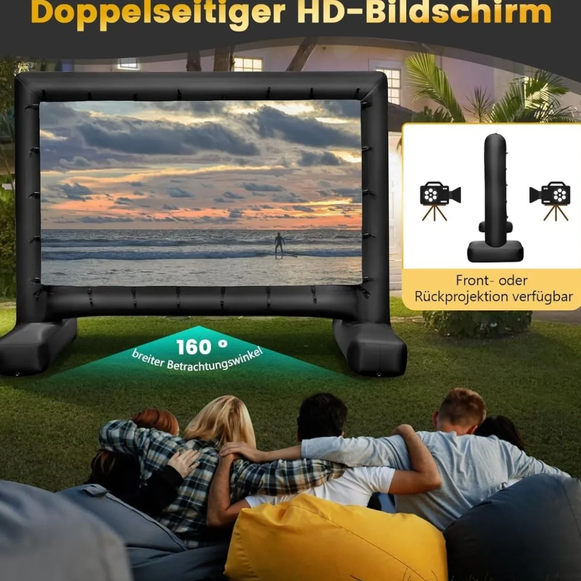 147 Zoll Aufblasbare Beamer Leinwand mit Gebläse & Erdspieße 16:9 4K HD Doppelseitige Projektionsleinwand