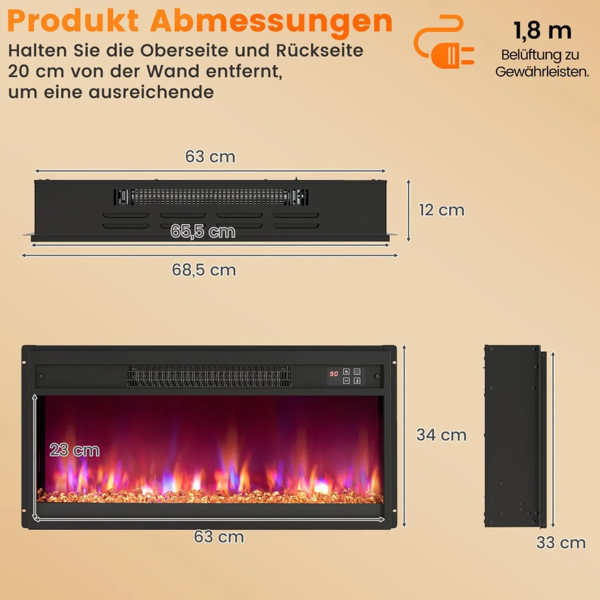 26 Zoll Elektrischer Kamin-Einsatz mit Fernbedienung & Einstellbare Flammenfarbe Kaminheizung