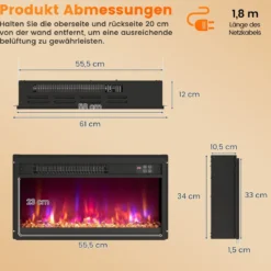 23 Zoll Elektrischer Kamin-Einsatz mit Fernbedienung & Einstellbare Flammenfarbe Kaminheizung