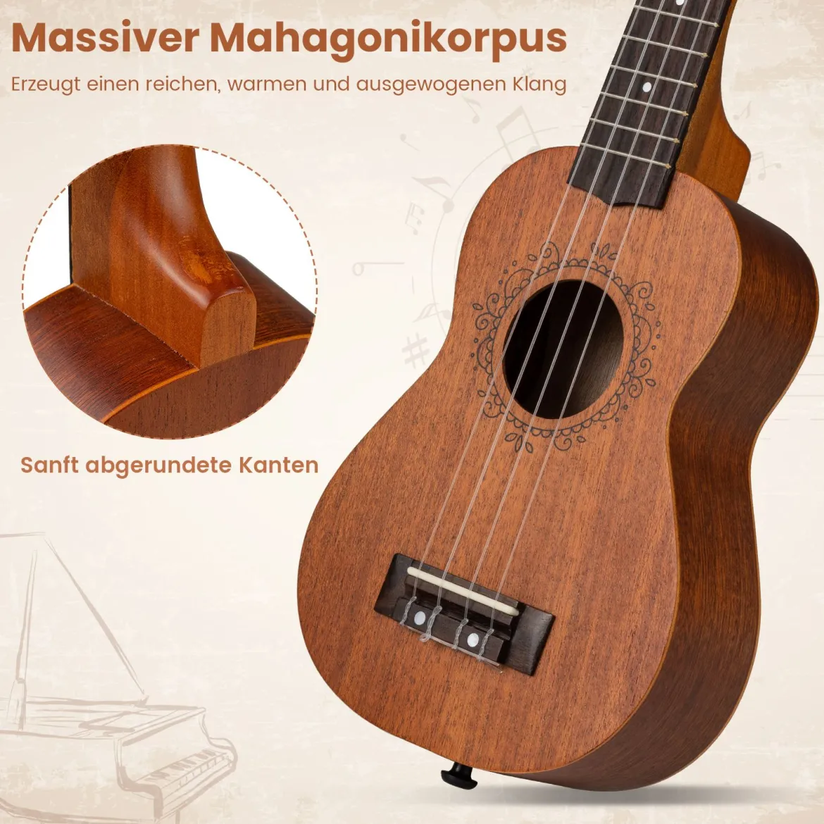 21 Zoll Ukulele Mahagoni Holz Ukulelen-Set mit Tragetasche Plektrum verstellbarem Gurt Natur