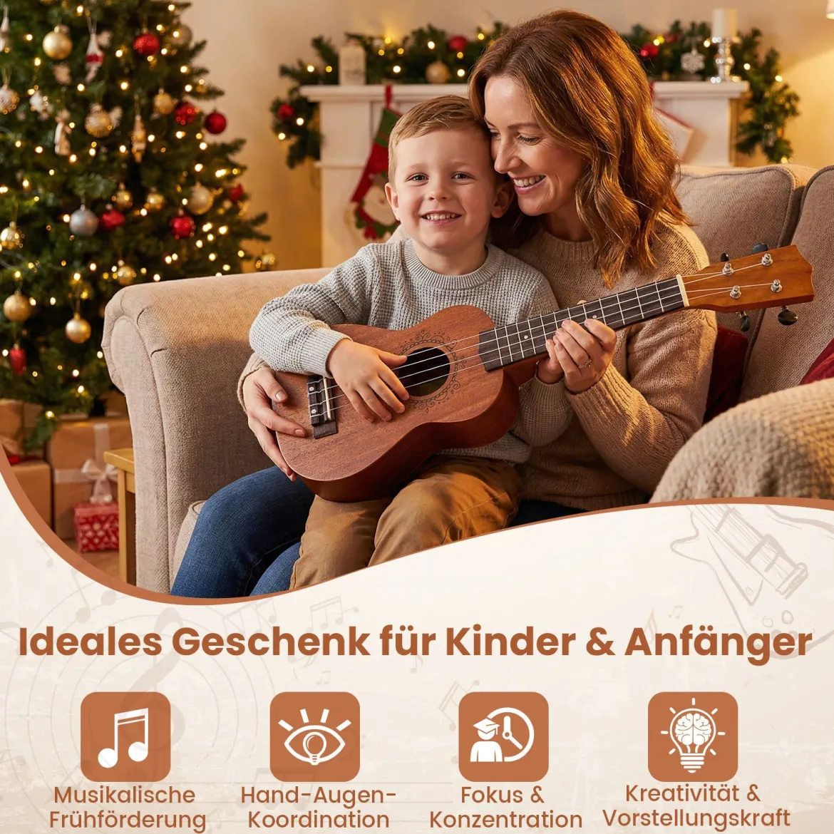 21 Zoll Ukulele Mahagoni Holz Ukulelen-Set mit Tragetasche Plektrum verstellbarem Gurt Natur