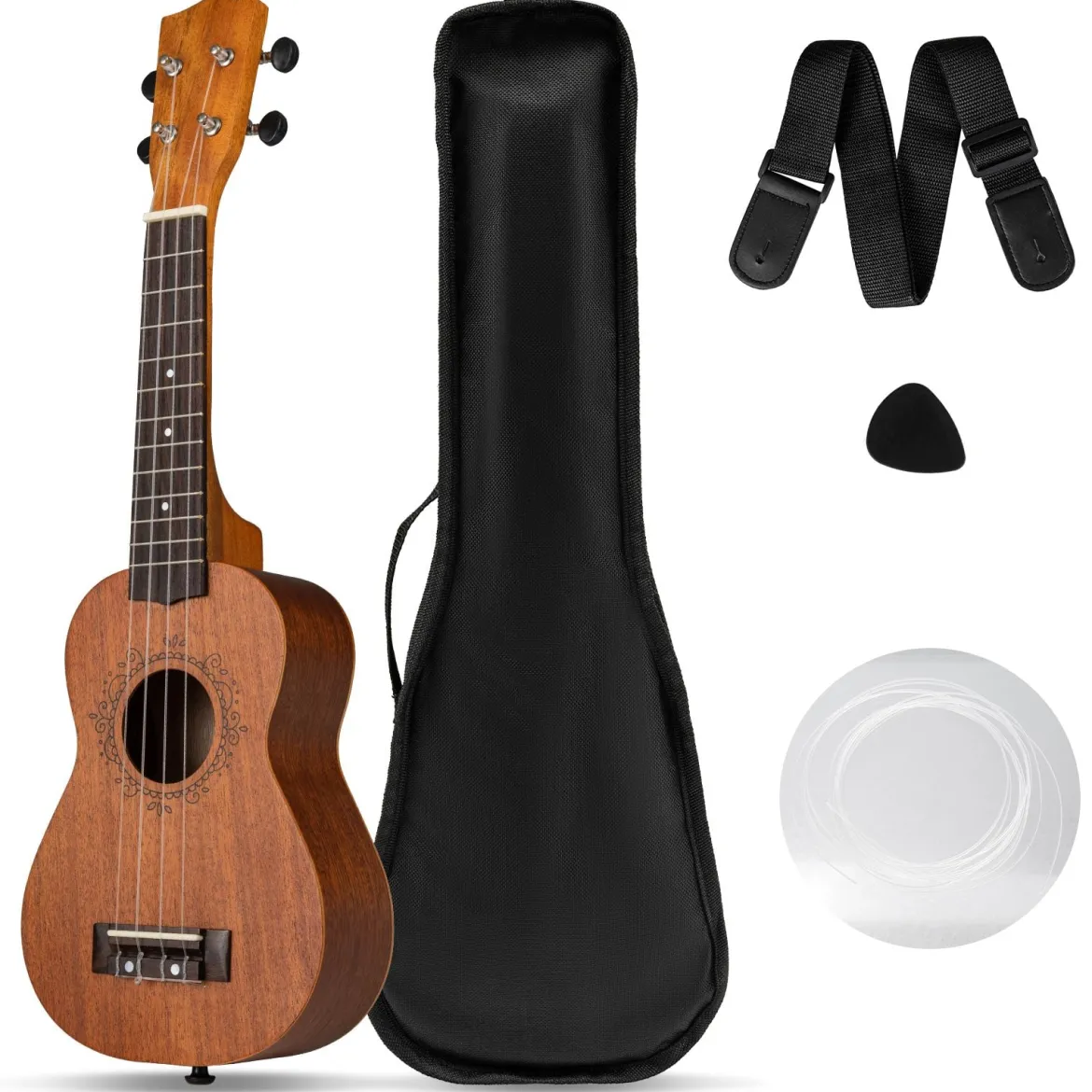 21 Zoll Ukulele Mahagoni Holz Ukulelen-Set mit Tragetasche Plektrum verstellbarem Gurt Natur
