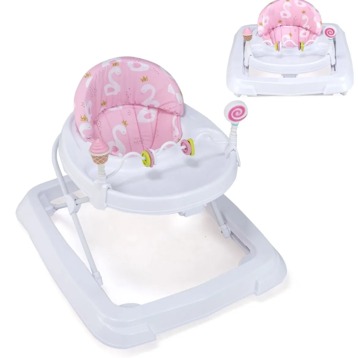 Zusammenklappbarer Lauflernwagen mit Rädern 3-stufig Höhenverstellbar & Abnehmbares Weiches Sitzkissen Rosa