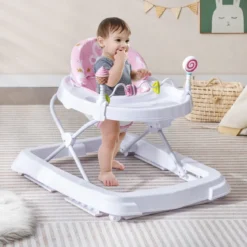 Zusammenklappbarer Lauflernwagen mit Rädern 3-stufig Höhenverstellbar & Abnehmbares Weiches Sitzkissen Rosa