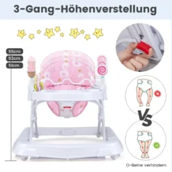 Zusammenklappbarer Lauflernwagen mit Rädern 3-stufig Höhenverstellbar & Abnehmbares Weiches Sitzkissen Rosa