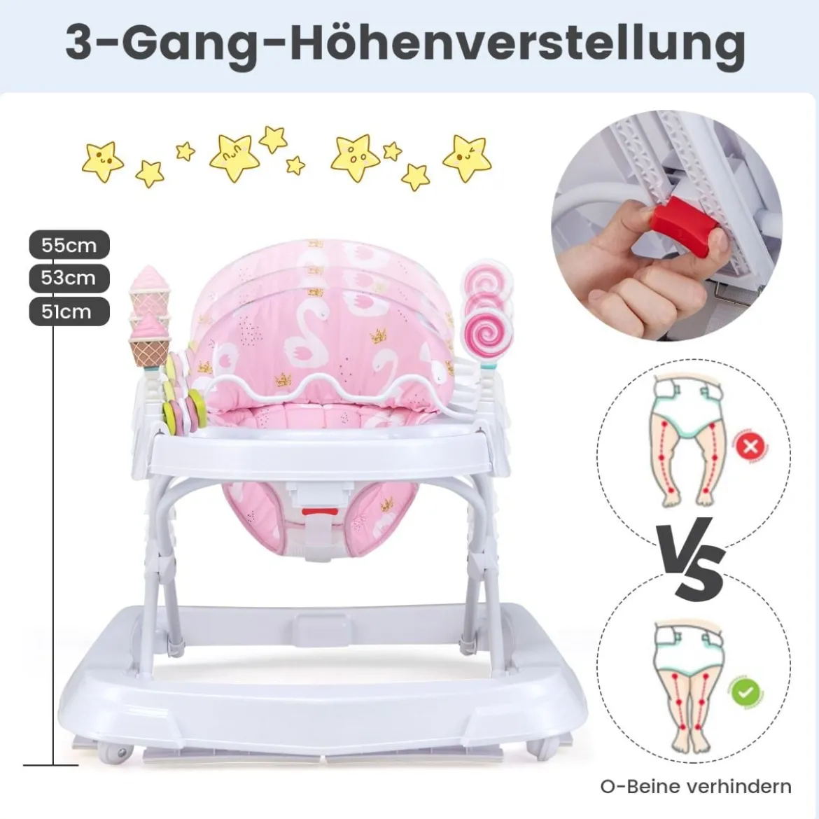 Zusammenklappbarer Lauflernwagen mit Rädern 3-stufig Höhenverstellbar & Abnehmbares Weiches Sitzkissen Rosa