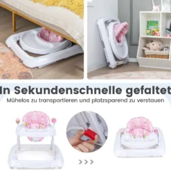 Zusammenklappbarer Lauflernwagen mit Rädern 3-stufig Höhenverstellbar & Abnehmbares Weiches Sitzkissen Rosa