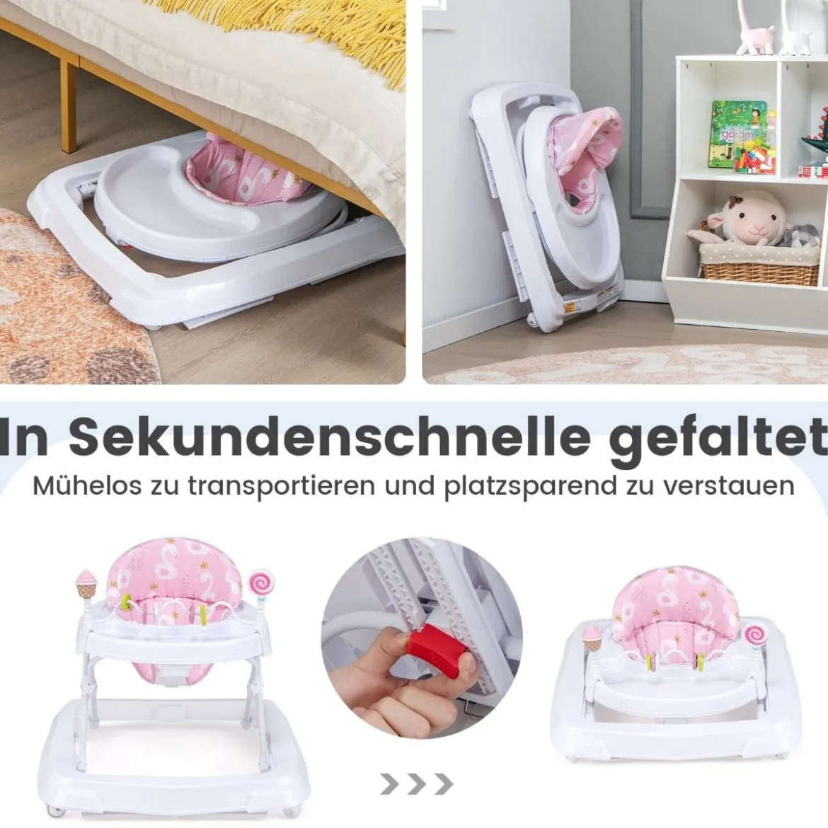 Zusammenklappbarer Lauflernwagen mit Rädern 3-stufig Höhenverstellbar & Abnehmbares Weiches Sitzkissen Rosa