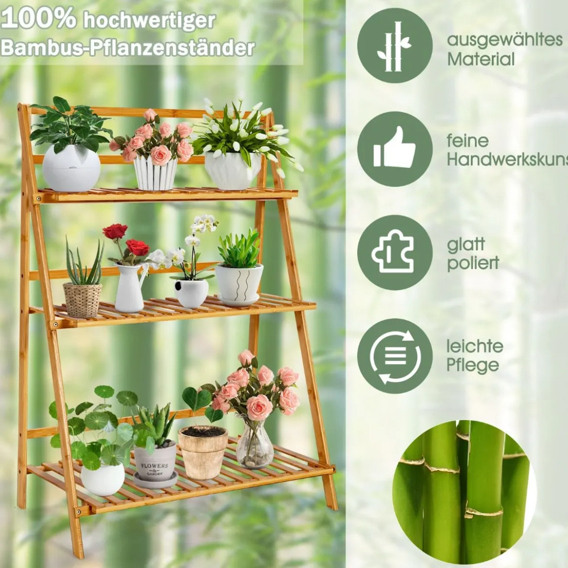 Zusammenklappbarer Pflanzenständer aus Bambus 3-Stufiges Leiterregal 70 x 38 x 95,5 cm Natur