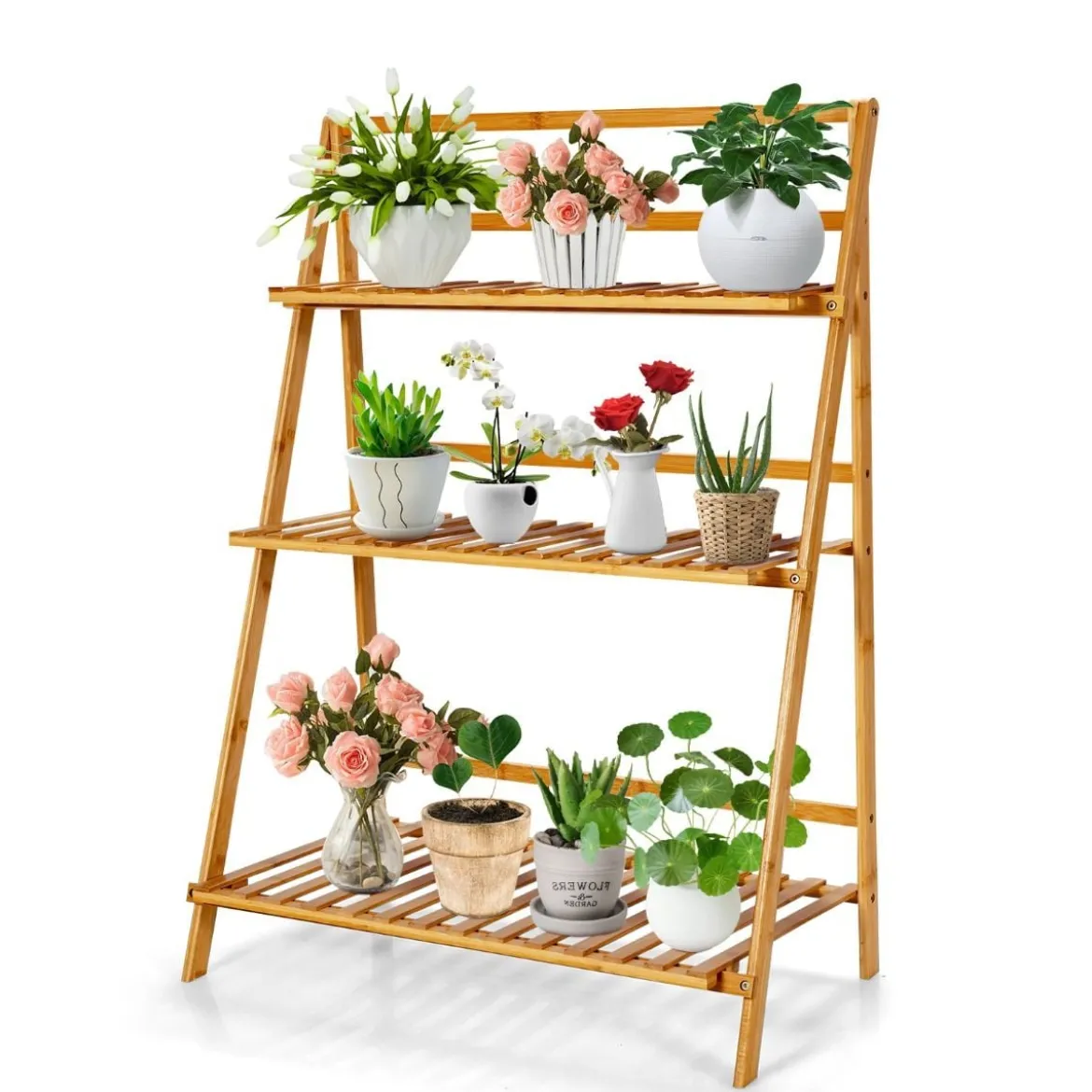 Zusammenklappbarer Pflanzenständer aus Bambus 3-Stufiges Leiterregal 70 x 38 x 95,5 cm Natur