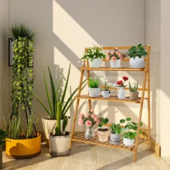 Zusammenklappbarer Pflanzenständer aus Bambus 3-Stufiges Leiterregal 70 x 38 x 95,5 cm Natur